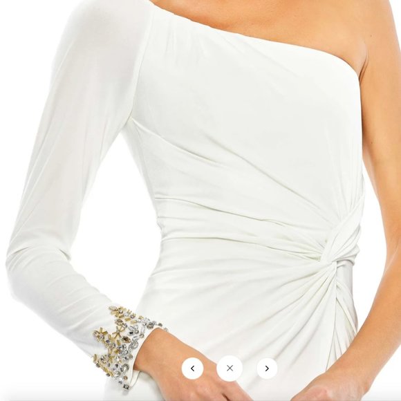 MAC DUGGAL 55696 ONE LONG SLEEVE BEADED CUFF SIDE TWIST WHITE JERSEY GOWN sz 4 - Picture 4 of 7